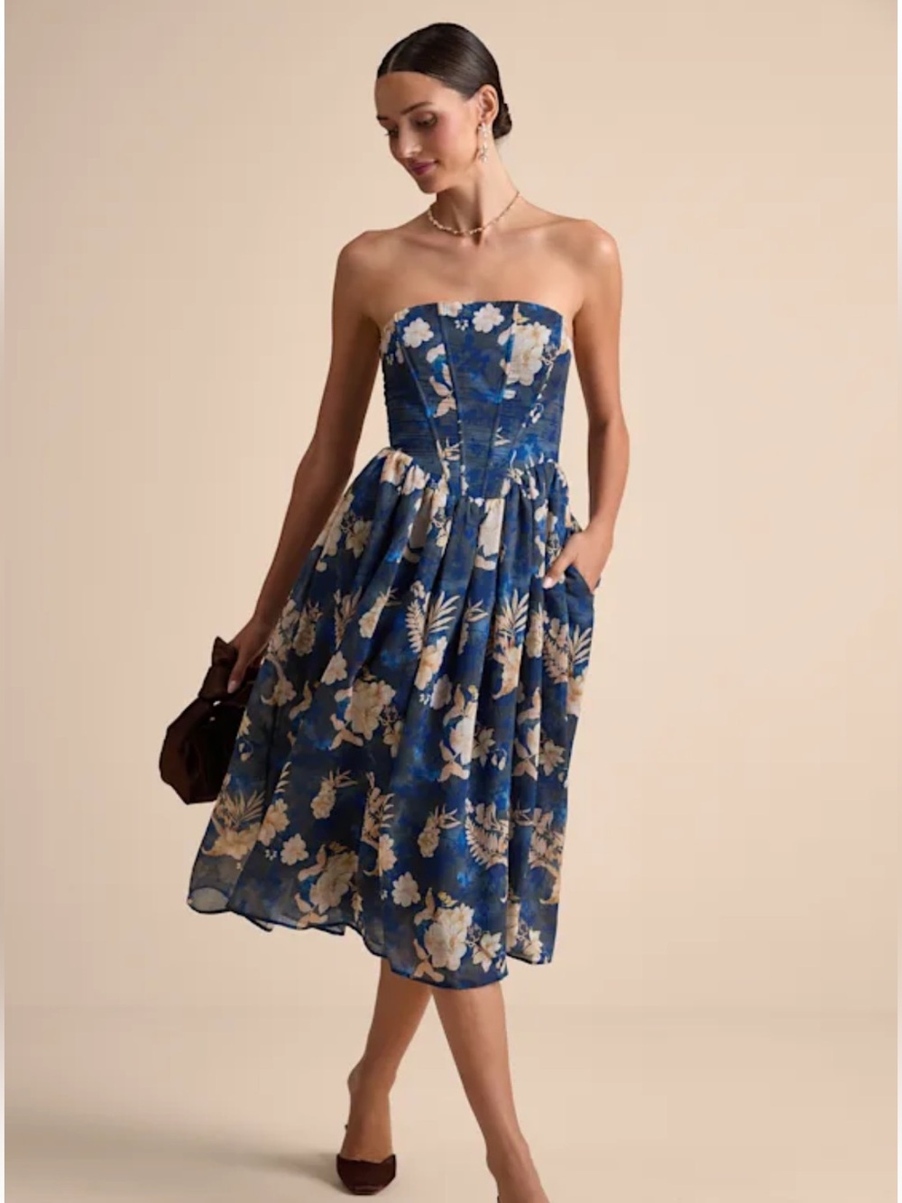 NWT Lulus Eulalia Floral Strapless Bustier Midi Dress XS Wedding Guest